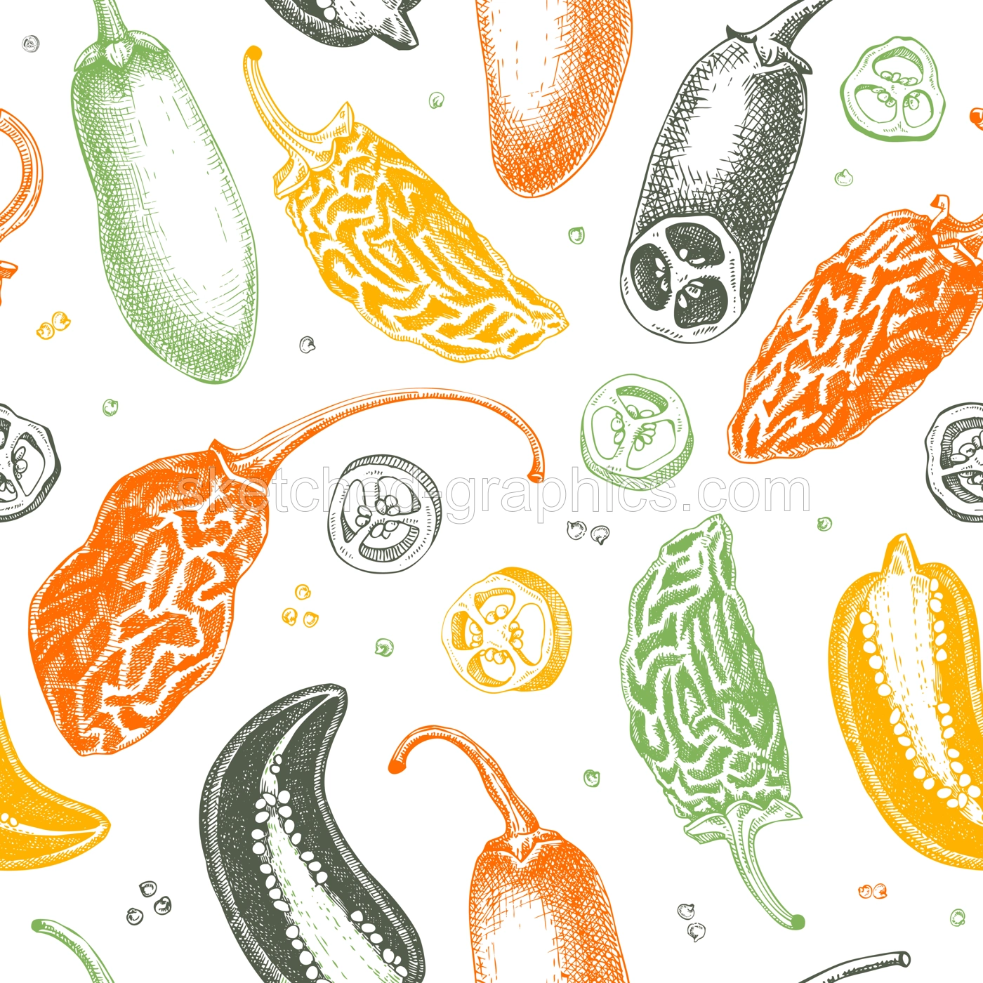 Mexican cuisine background. Ripe jalapeno chili pepper sketches. Hot spice seamless pattern. Healthy food hand drawn vector illustration. Jalapeno slices, seeds, chipotle for packaging, menu, fabric.  Illustration